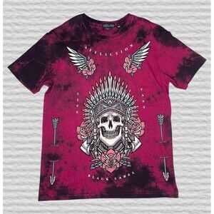 Affliction Black Label Skull Rhinestone Shirt Mens LG Red AOP Punk Western Biker